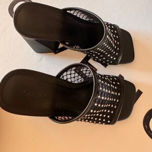 OPEN EDIT Slip on Heel Sandal, Black Mesh Net, Rhinestones size 5,5
